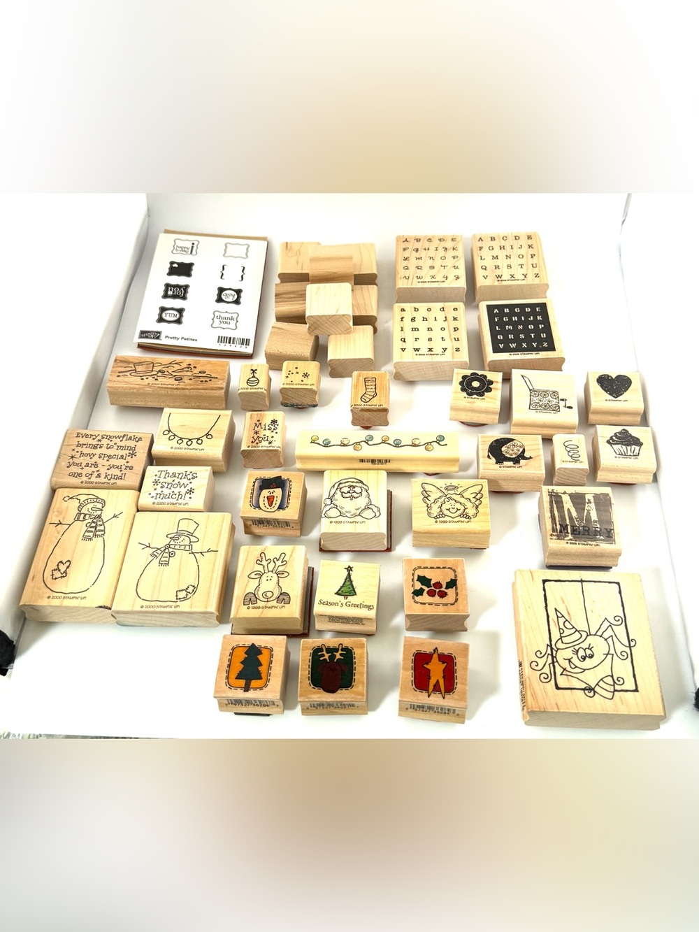 Mixed Lot of Vintage Wood Block Craft Stamps - Christmas, Alphabets, & Accents